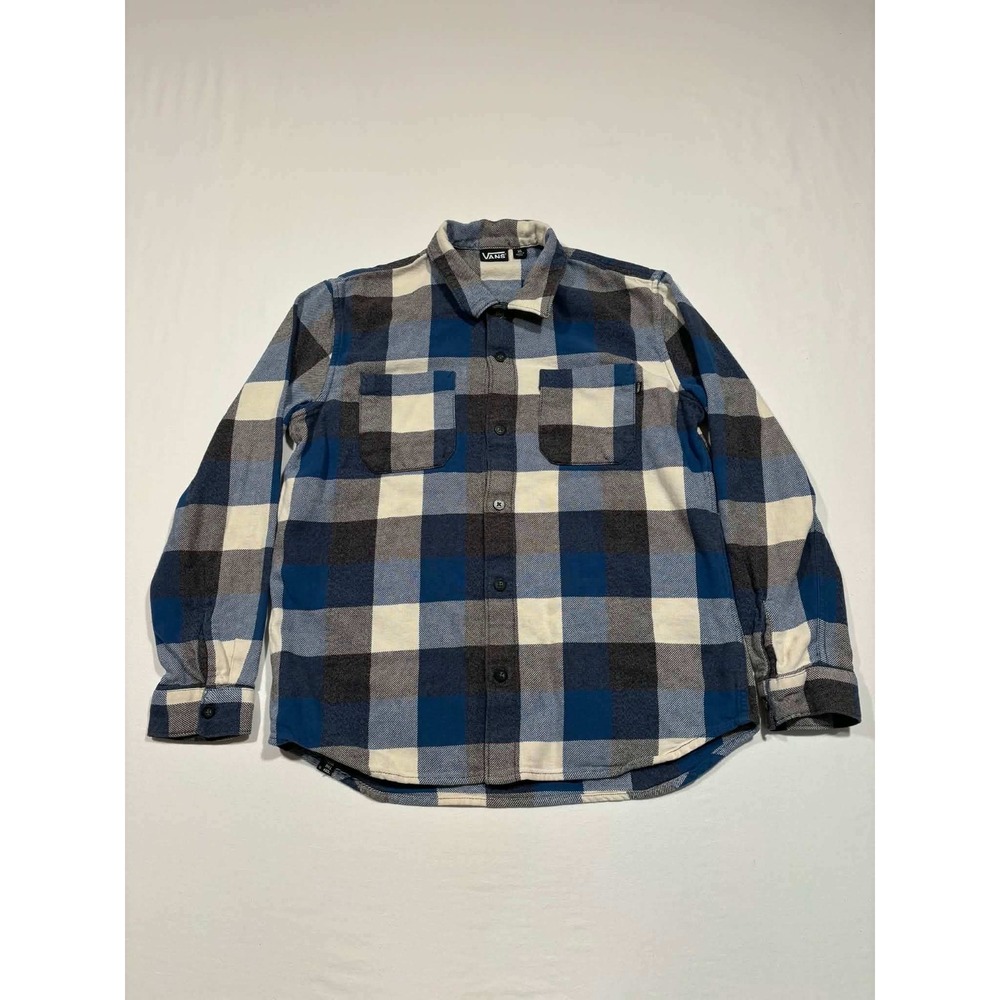 Vans Boys XL Blue Grey Buffalo Plaid Flannel Button Down Shirt‎ Long Sleeve